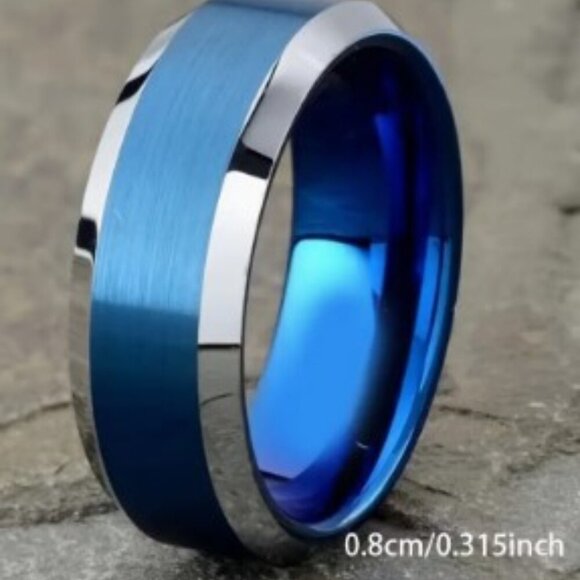 Men'S Tungsten Steel Ring With Blue Sand Finish And White Edge Size 10 - Picture 3 of 7